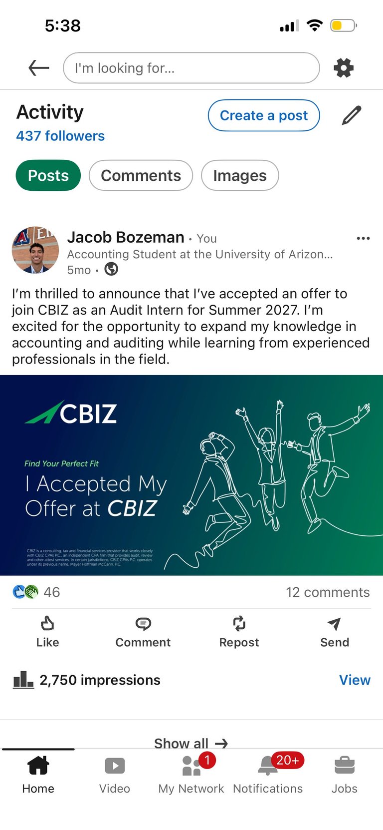 LinkedIn post by Jacob Bozeman announcing acceptance as Audit Intern at CBIZ for Summer 2027, featuring CBIZ branding and celebrating illustrations